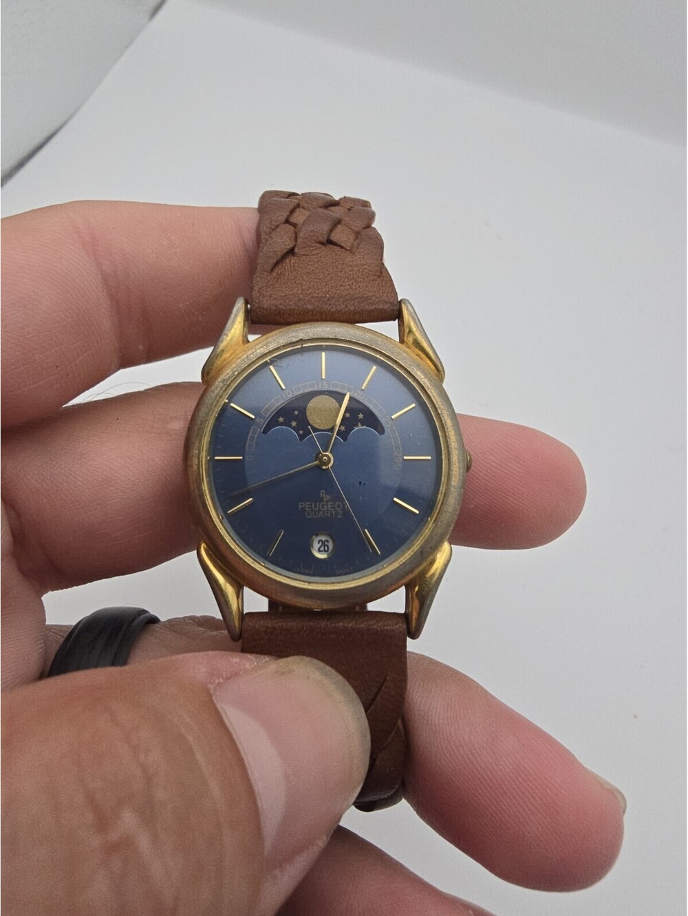 Peugeot Moon Phase Watch Blue Dial Gold Tone Case Brown Leather Strap Quartz